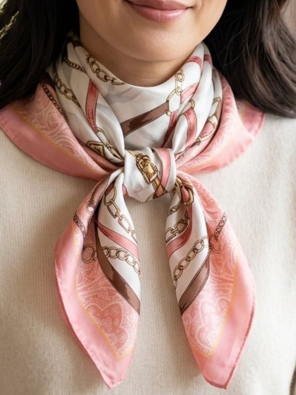 Women's Pink Chain Pattern Square Neck Scarf Feels Like Silk